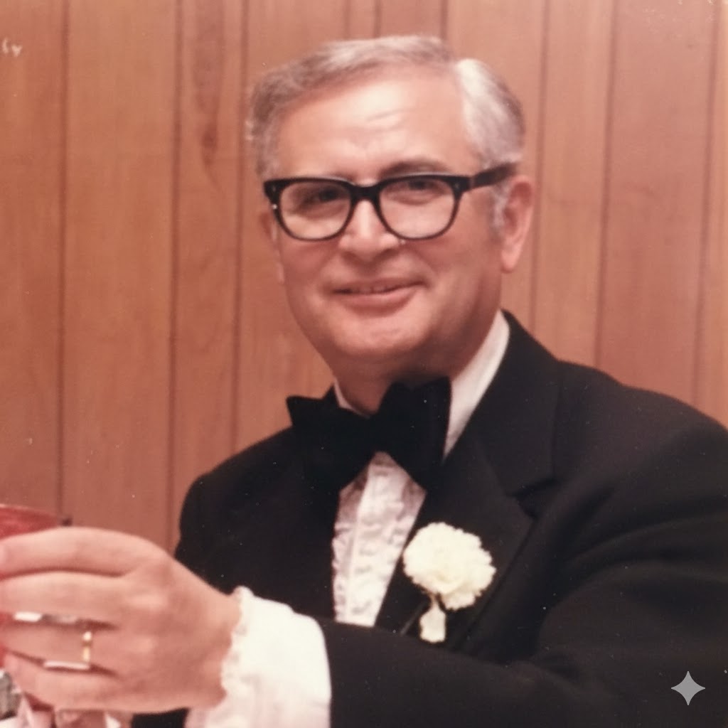 "Dedicated to my Grandfather" Portrait of Domenic Bellistri in a black tuxedo and bow tie, the inspiration behind the recipes.