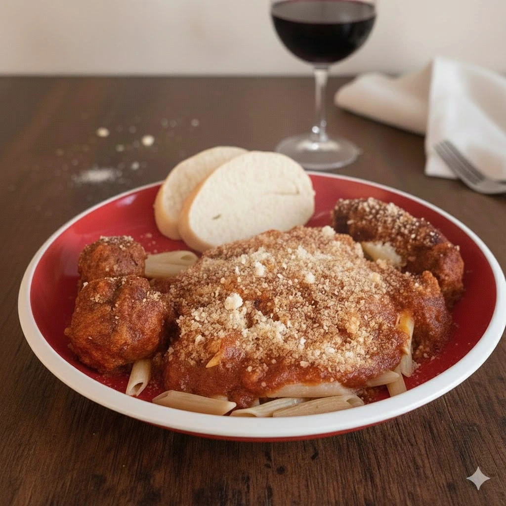 Sicilian Red Gravy with meatballs and beef marrow bones in a large pot.