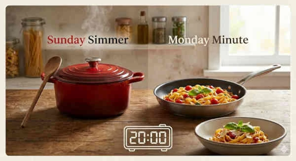 A split-screen image showing a red Dutch oven steaming on the left under "Sunday Simmer" and a fresh pasta skillet on the right under "Monday Minute" with a digital timer set to 20:00.