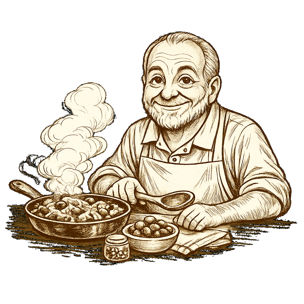 Sepia-style Cartoon Ed smiling at a kitchen counter, stirring a skillet of shredded chicken, olives, and capers with a wooden spoon beside a small bowl of olives and a jar of capers.