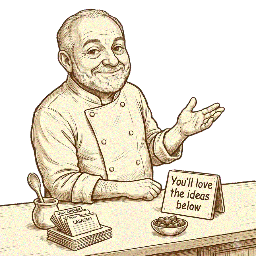Sepia-style Cartoon Ed behind a kitchen counter, smiling and gesturing toward recipe suggestions with a small sign that reads ‘You’ll love the ideas below.